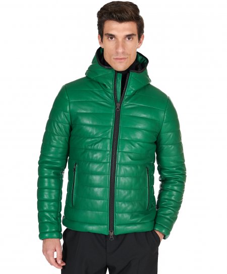 Green hooded nappa lamb leather puffer jacket