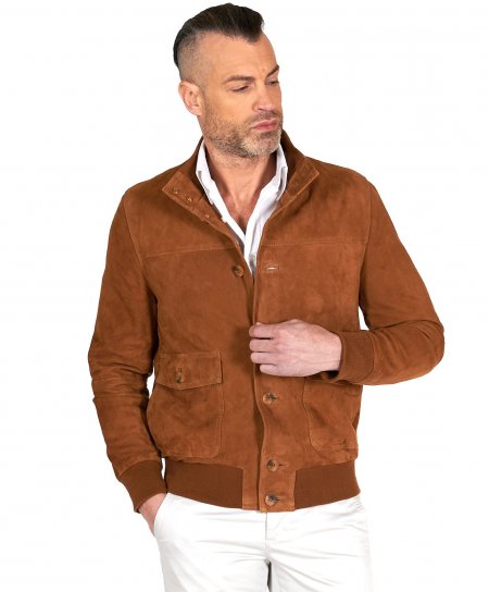 Tan suede lamb leather bomber jacket with buttons