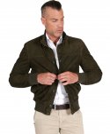 Giacca bomber in pelle camoscio verde con bottoni e tasconi