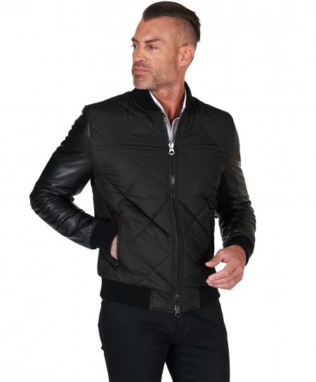 Bomber puffer jacket in black leather and black fabric