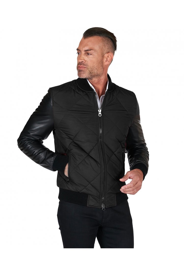 Bomber puffer jacket in black leather and black fabric