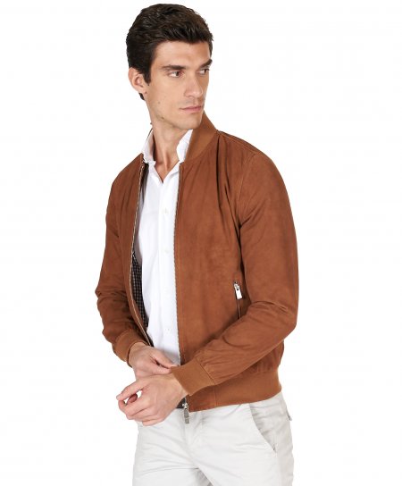Tan suede leather bomber jacket two pockets
