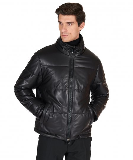 Men's black puffer leather jacket short oversized quilted version 