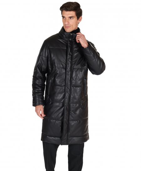 Men's black puffer leather long coat oversized quilted version 