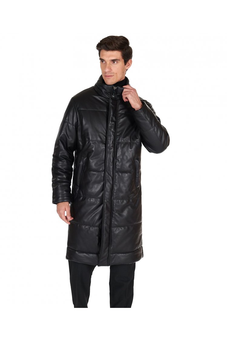 Men's black puffer leather long coat oversized quilted version 