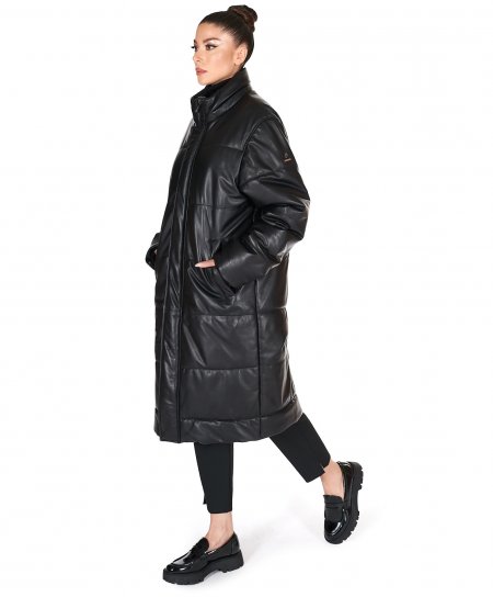 Women's black puffer leather long coat oversized quilted version 