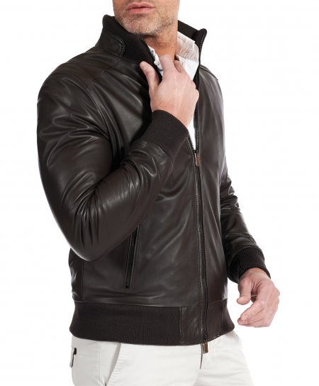 Dark brown natural lamb leather bomber jacket wool collar