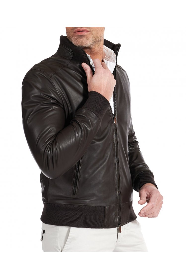 Dark brown natural lamb leather bomber jacket wool collar