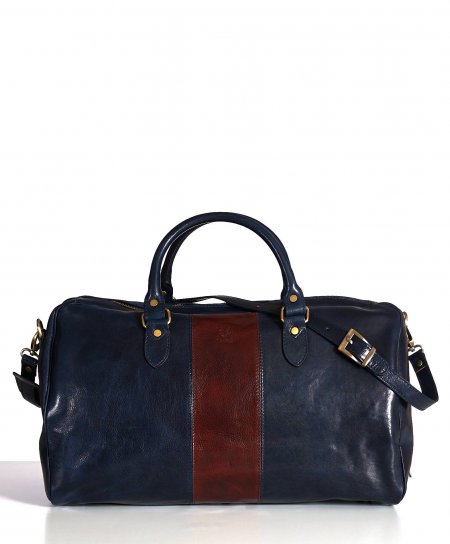 Blue brown leather travel bag with zipper closure