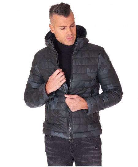 Military hooded nappa lamb leather puffer jacket