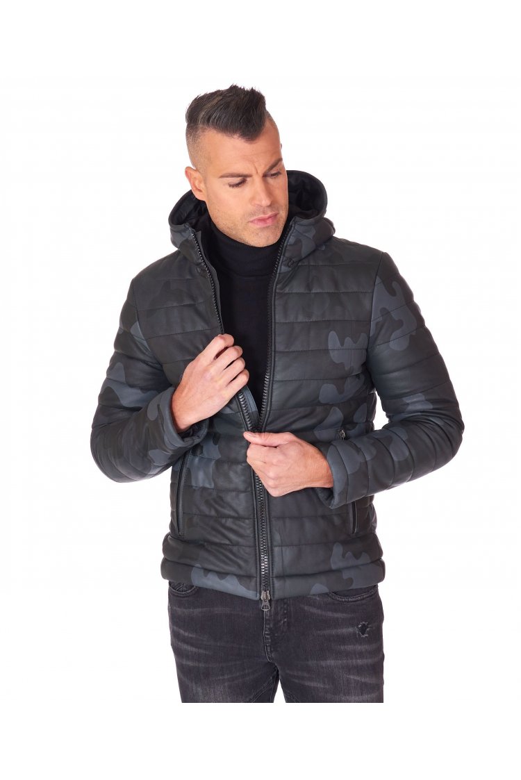 Military hooded nappa lamb leather puffer jacket