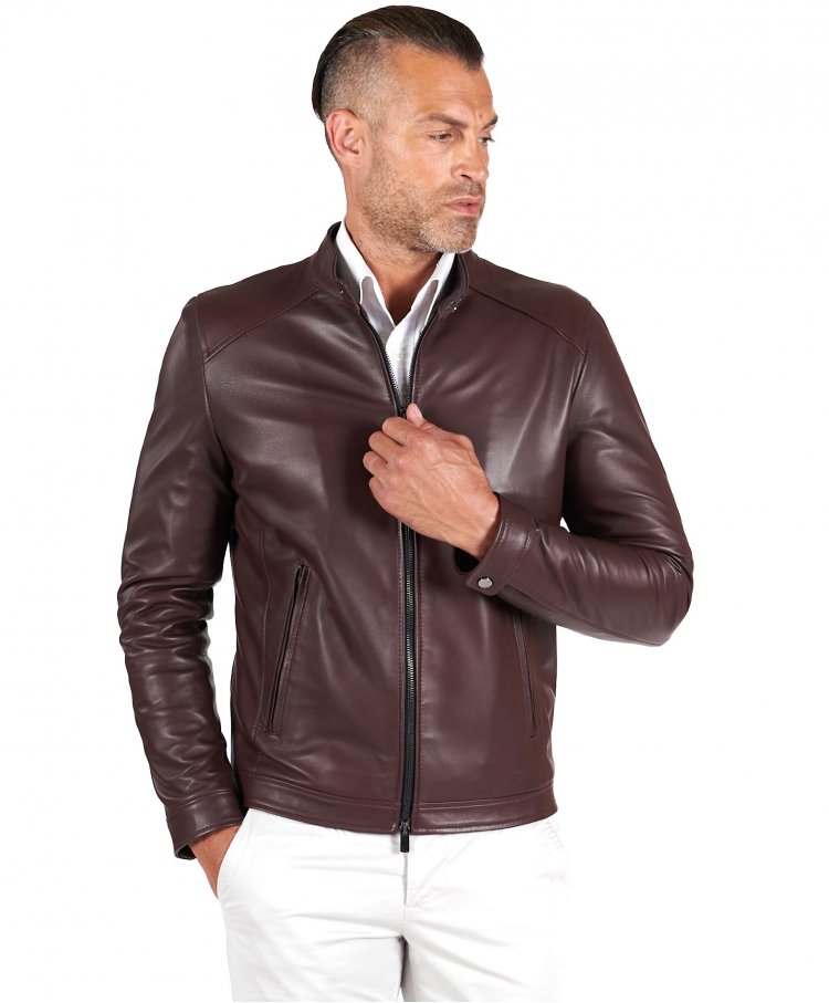 Bordeaux natural leather biker jacket smooth aspect