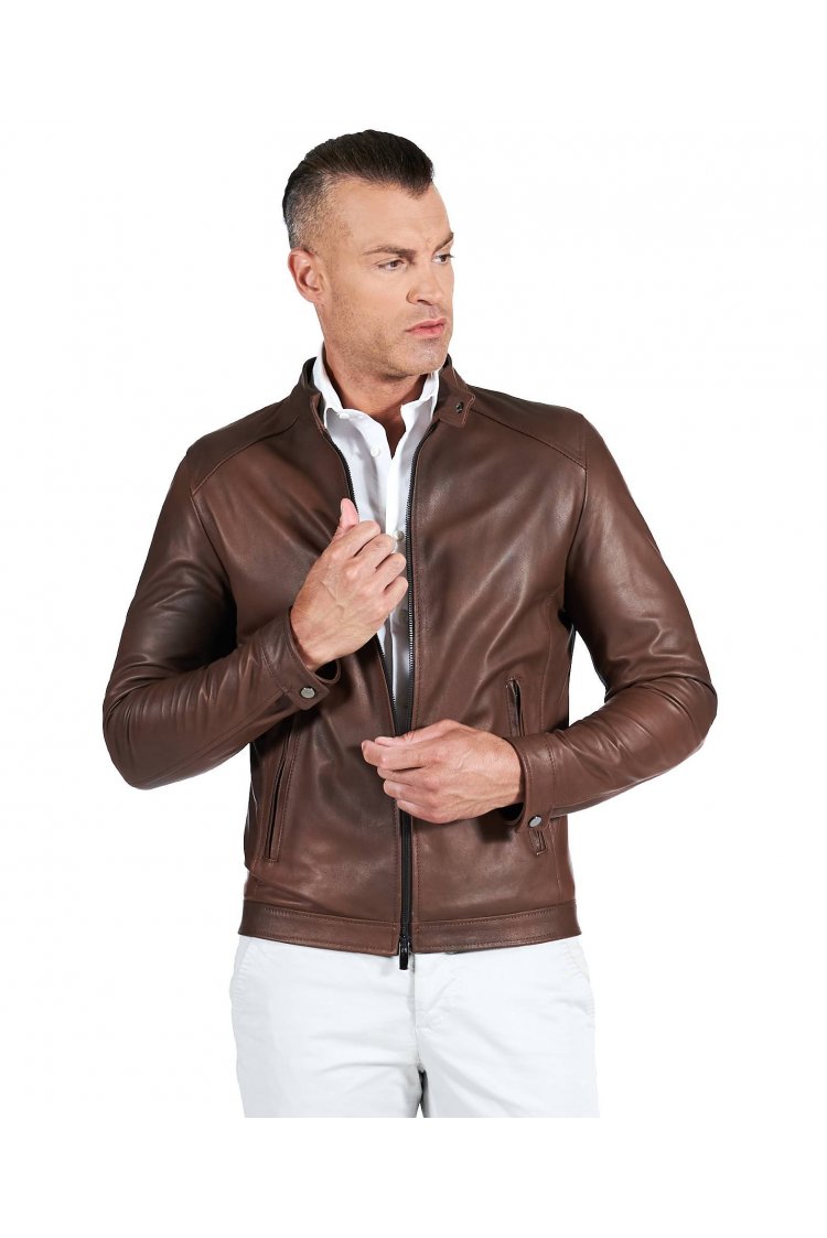 Brown natural leather biker...