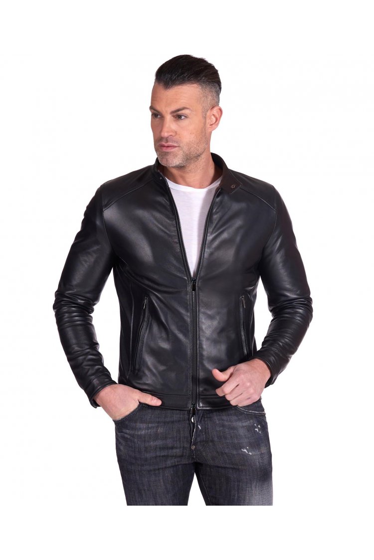 Black nappa lamb leather biker jacket korean collar