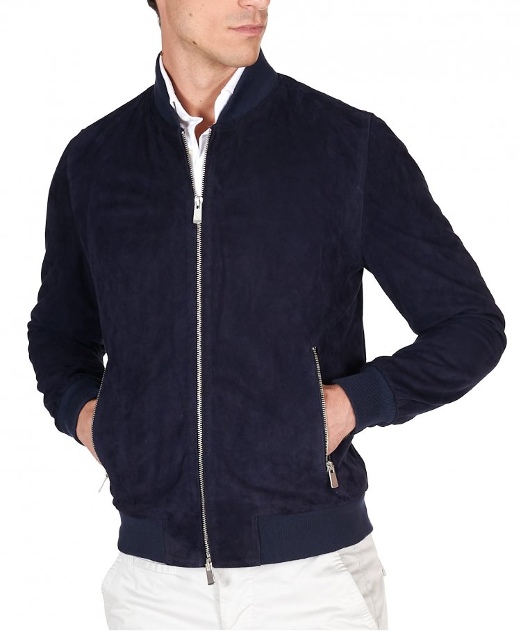 Blue suede leather bomber...