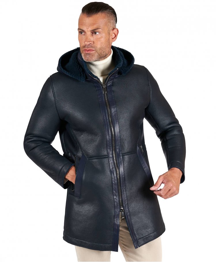 Blue shearling lamb coat jacket with detachable hood