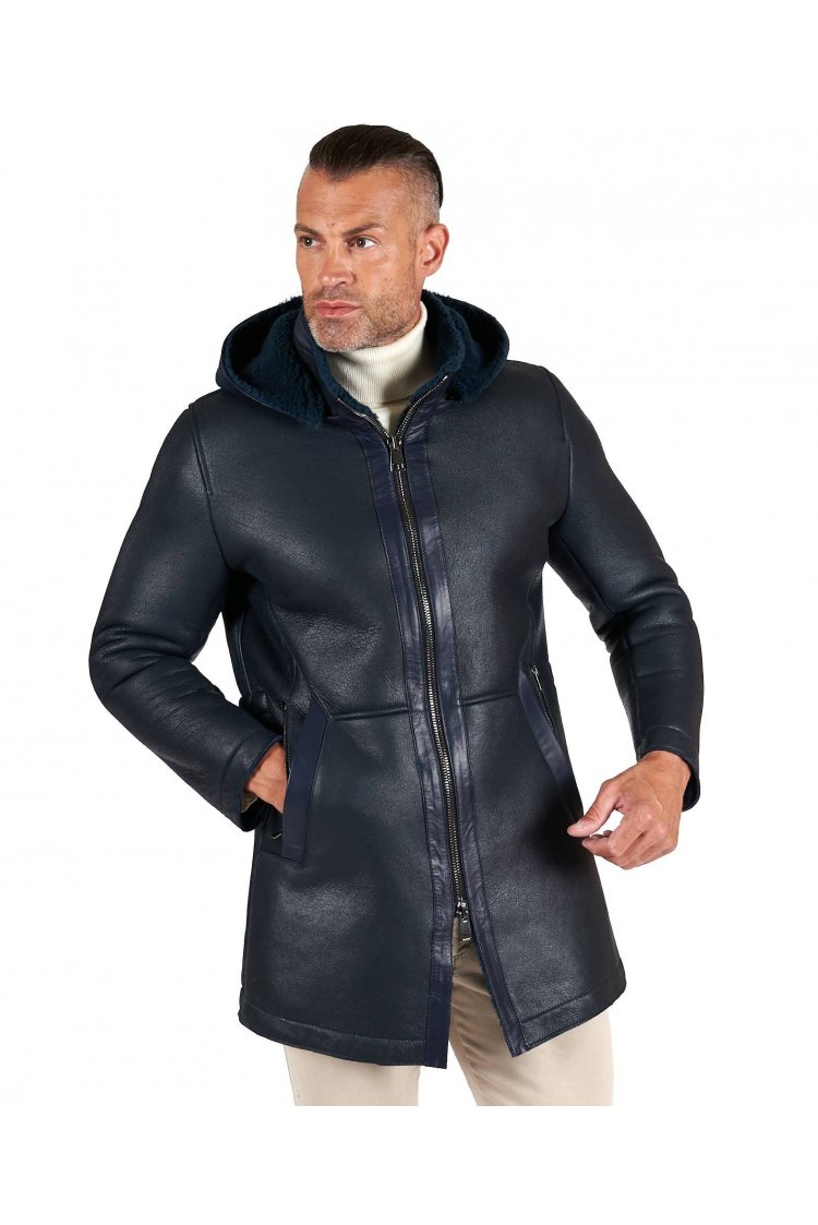 Blue shearling lamb coat jacket with detachable hood