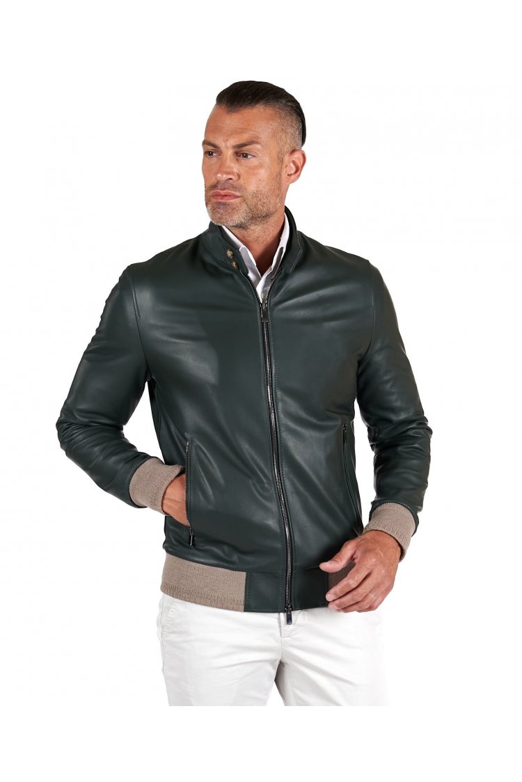 Green natural leather bomber jacket korean collar with buttons