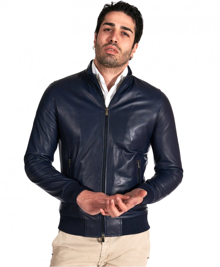 Blue nappa lamb leather bomber jacket smooth aspect
