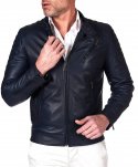 Giacca moto in pelle blu biker trapuntato spalle effetto liscio