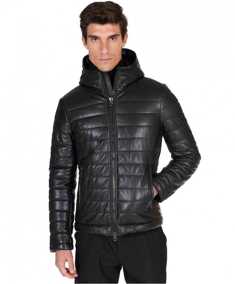 Black hooded nappa lamb leather puffer jacket