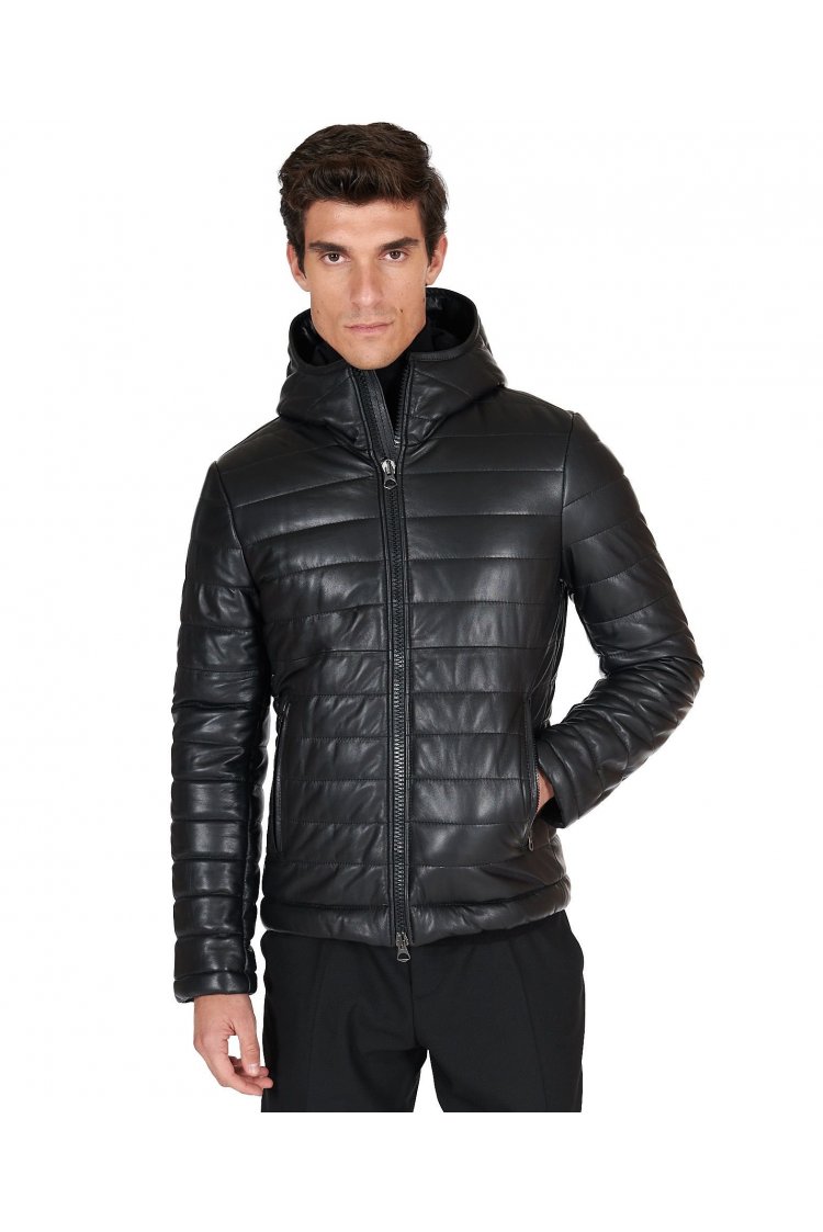 Black hooded nappa lamb leather puffer jacket