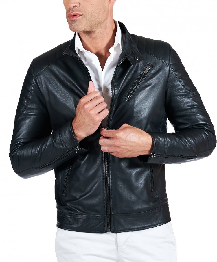 Black quilted lamb leather biker jacket three zipper pockets