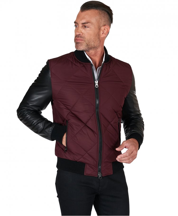 Bomber puffer jacket in black leather and bordeaux fabric