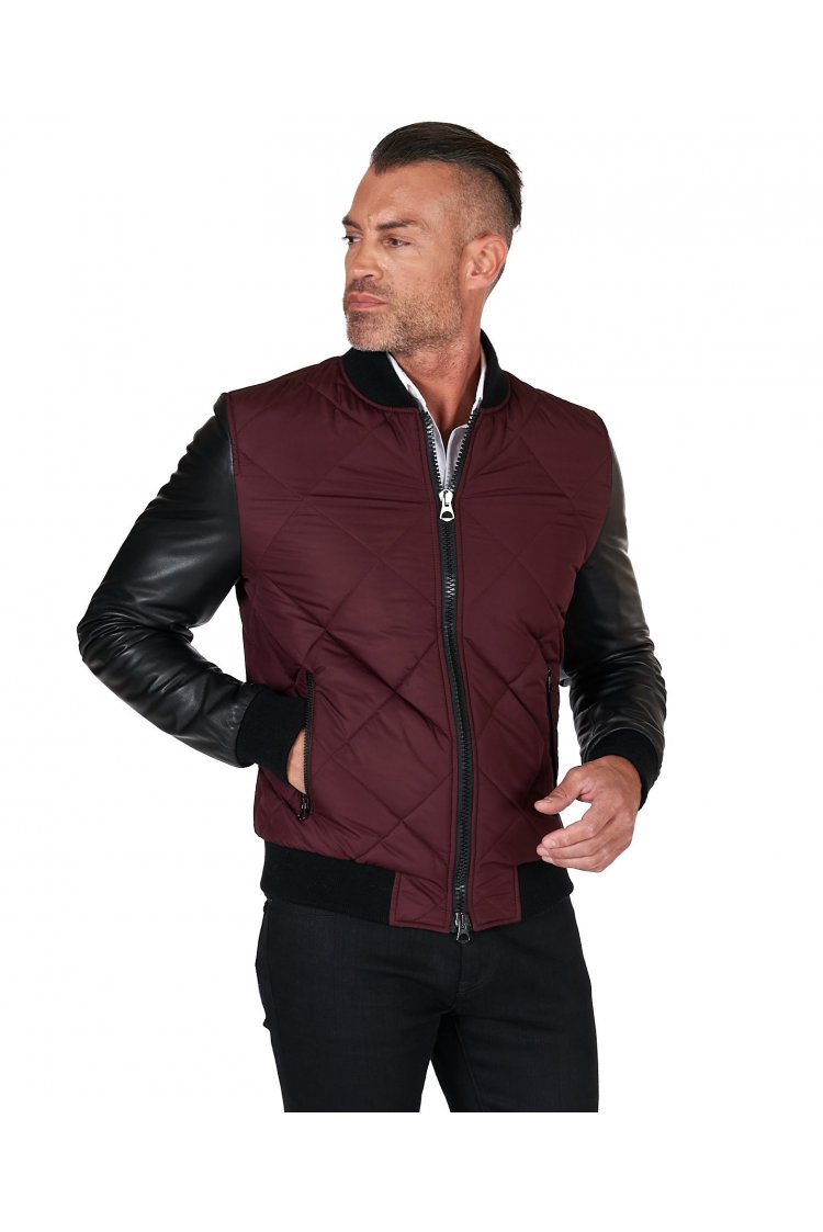 Bomber puffer jacket in black leather and bordeaux fabric