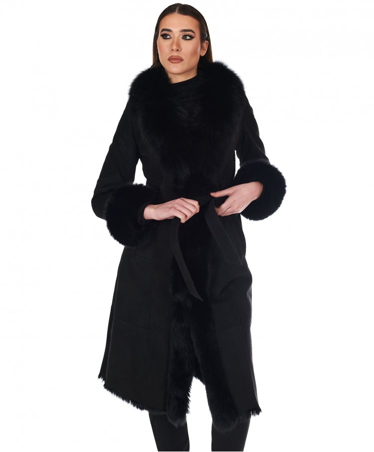 Black lamb shearling coat with fox fur edges
