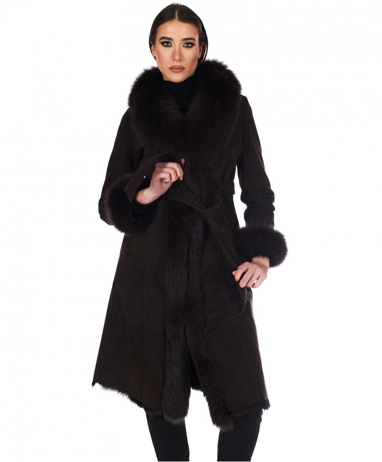 Dark Brown lamb shearling coat with fox fur edges