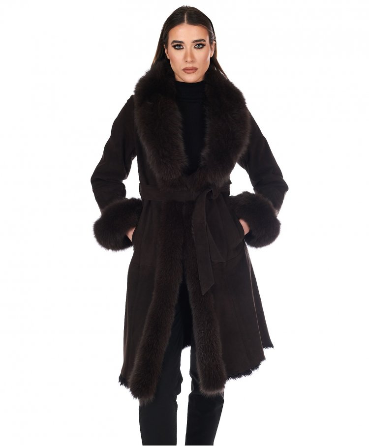 Dark brown lamb shearling coat with fox fur edges