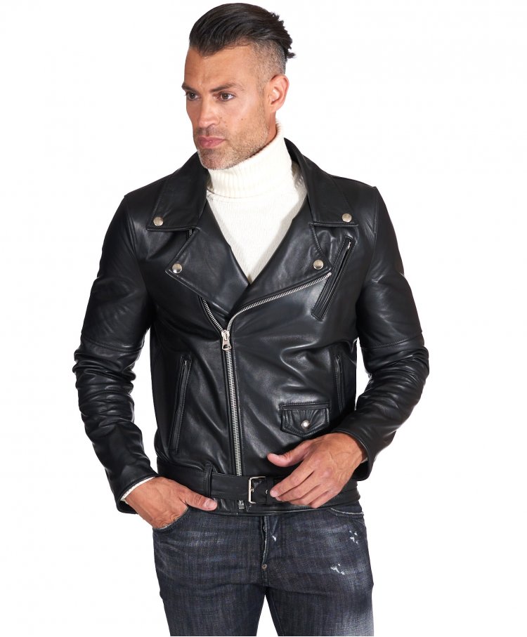 Black belted lamb leather biker jacket