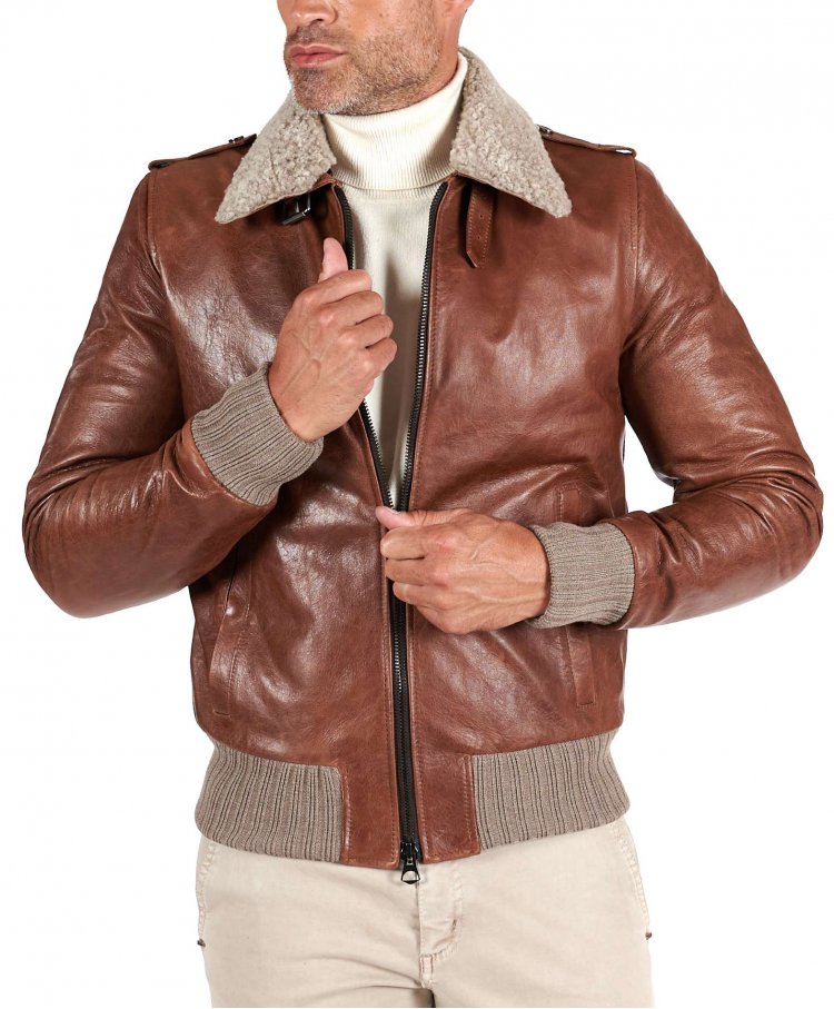 Tan leather bomber jacket vintage effect shearling collar 