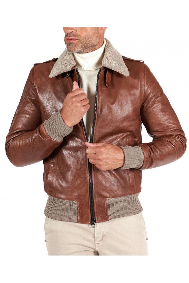 Tan leather bomber jacket...