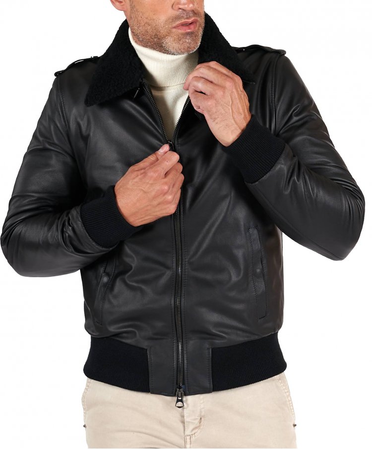 Black leather bomber jacket smooth effect shearling collar 