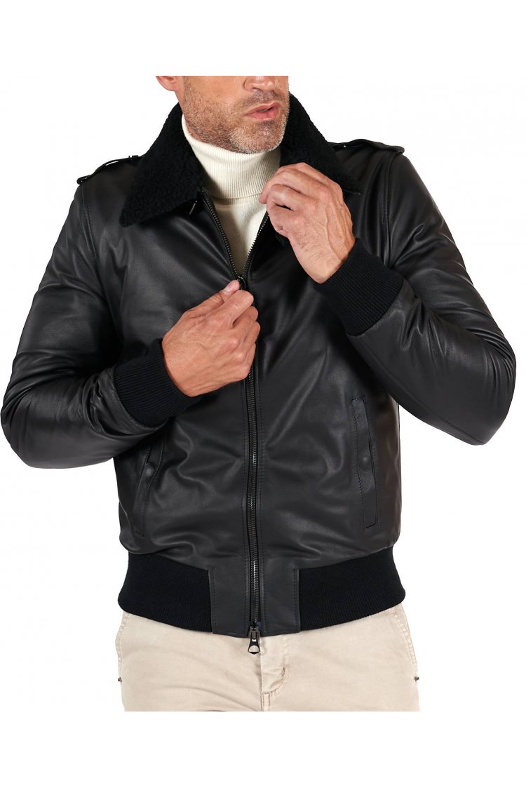 Black leather bomber jacket...