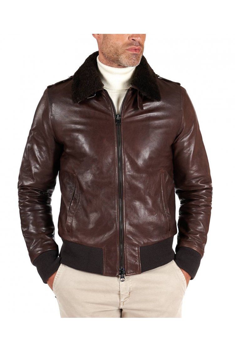 Dark brown leather bomber...