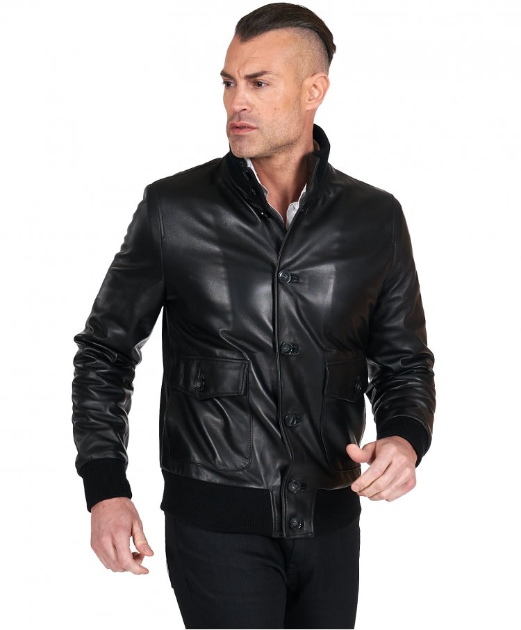 Black nappa lamb leather bomber jacket with buttons