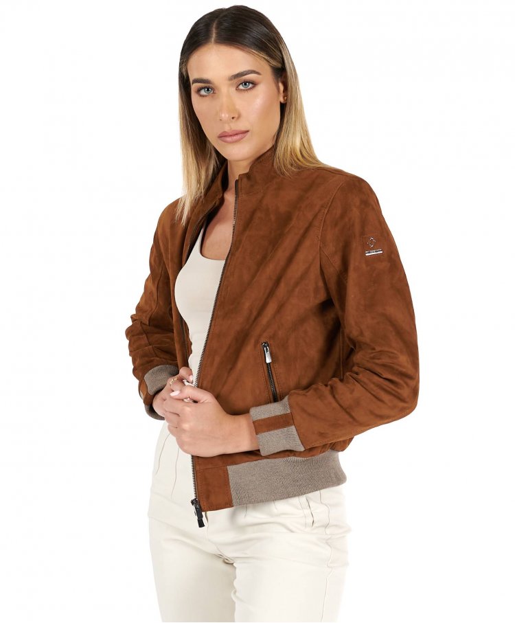 Tan suede leather bomber jacket with merino wool 