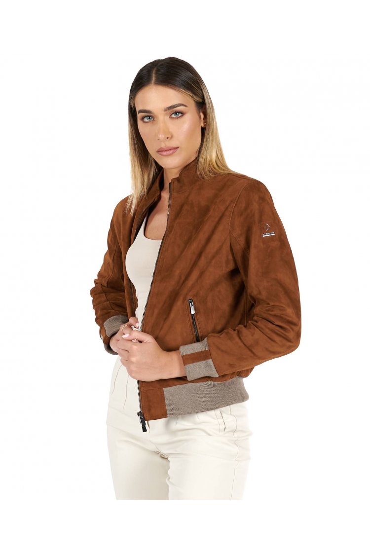 Tan suede leather bomber jacket with merino wool 