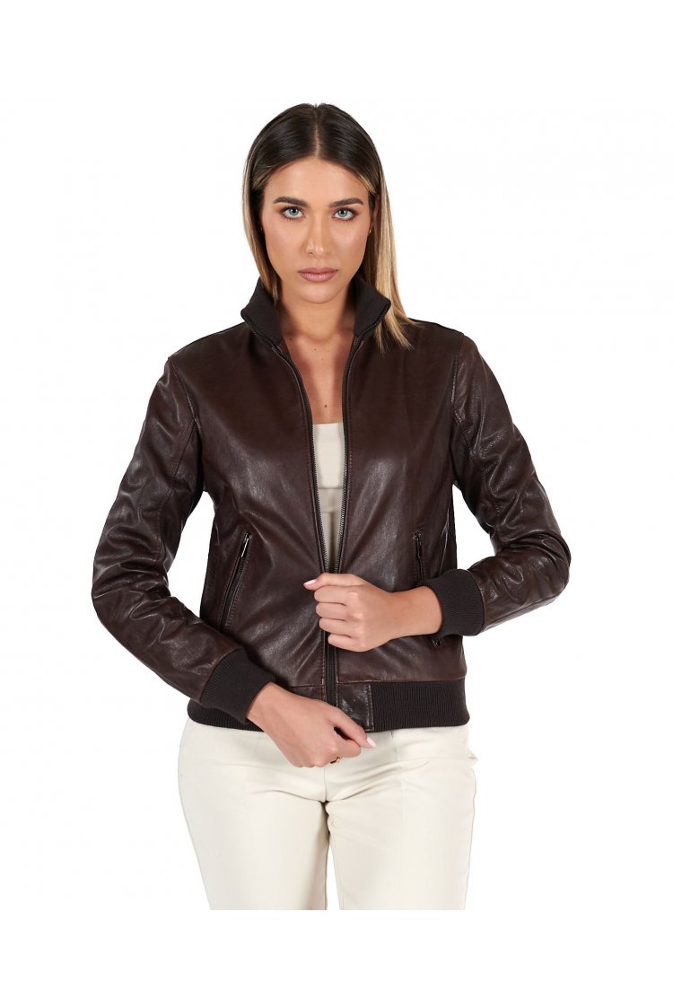 Dark brown lamb leather bomber jacket vintage effect