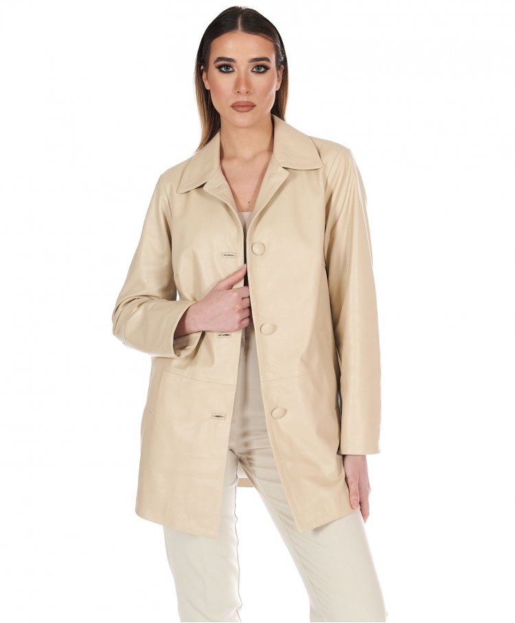 Beige single-breasted leather jacket oversized version