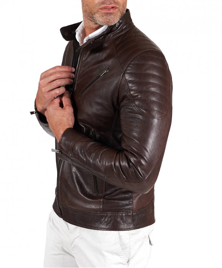 Dark brown quilted nappa lamb leather biker jacket three zipper pockets