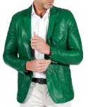 Blazer in pelle naturale verde con taschino e fazzoletto