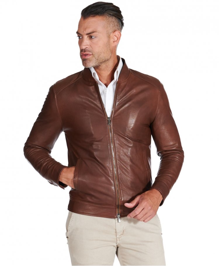 Brown vintage leather biker jacket two magnet pockets