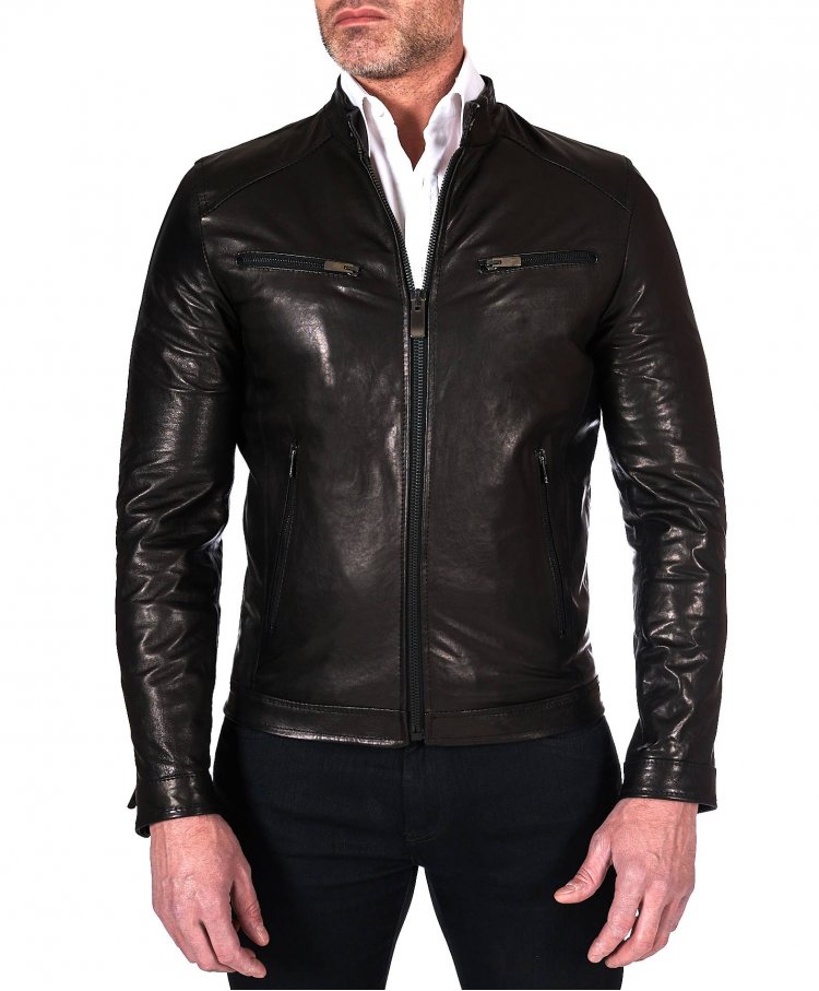 Black vegetable leather biker jacket washed aspect