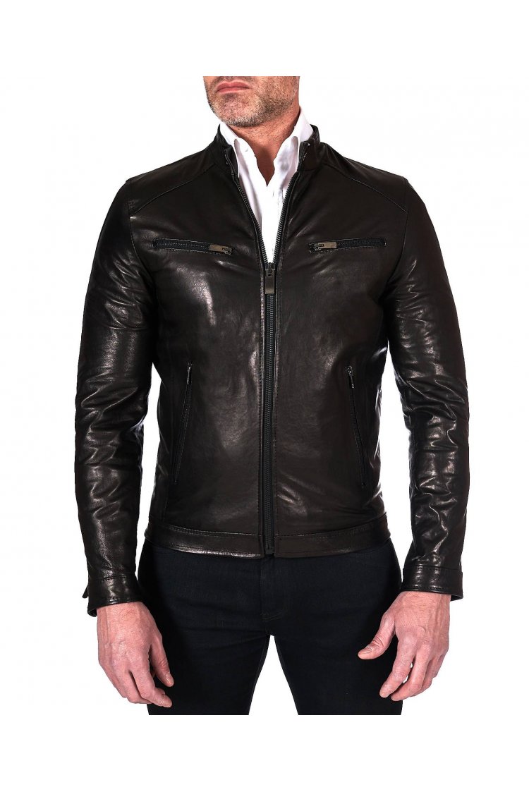 Black vegetable leather biker jacket washed aspect