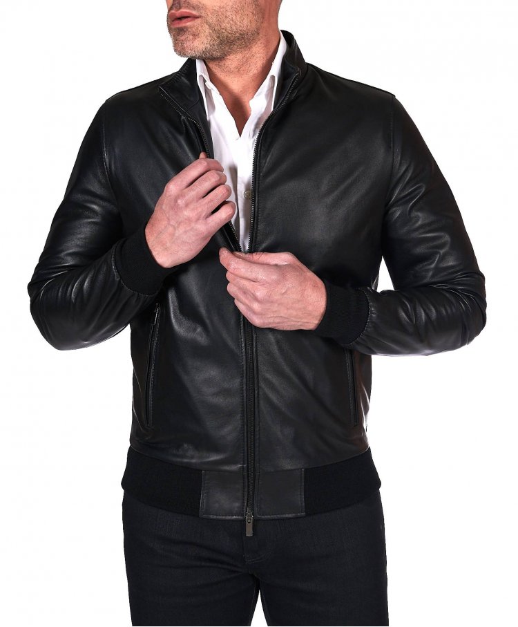 Black nappa lamb leather bomber jacket smooth aspect