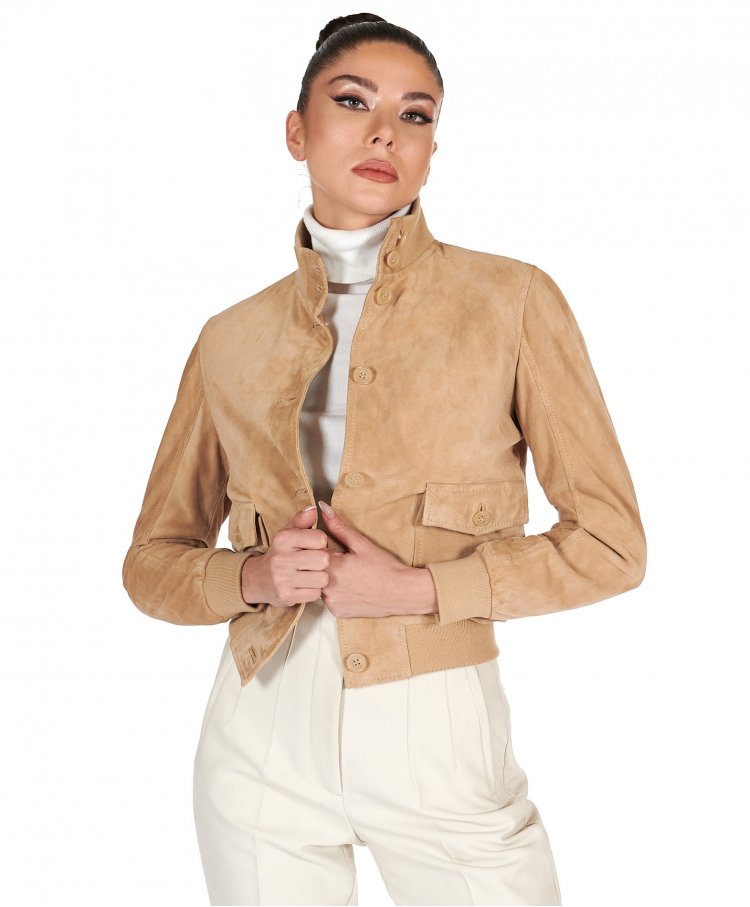 Beige suede leather bomber...